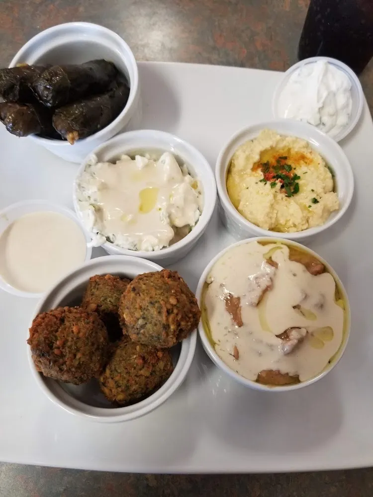 Sampler Platter Stuffed Grape Leaves Falafel Hummus Feta Cheese Fava Beans